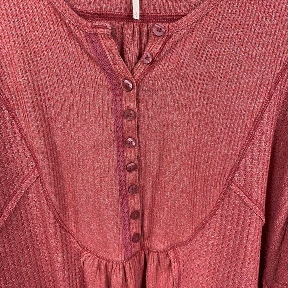 Free People Womens Leo Oversized Henley Top Waffle Knit Thermal Rose - Picture 7 of 8